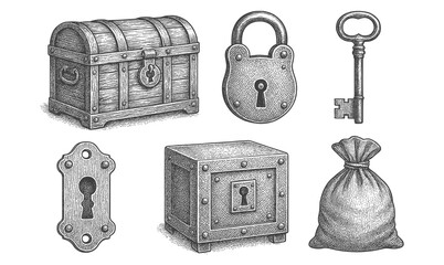 Vintage engraved lock and key collection: antique safe, chest, and sack