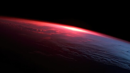 Earth's fiery sunrise from space. Dramatic view of Earth's limb, with a fiery red sunset/sunrise, clouds visible, and black space