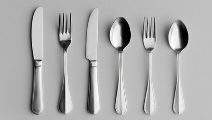 Stainless steel cutlery set on gray background