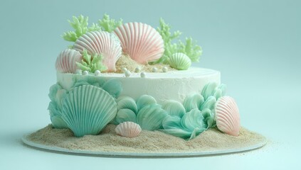 A light-blue-toned cake decorated with seashells and coral