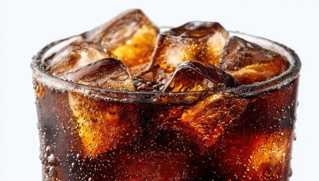 Close-up of a glass of cola with ice. A view of bubbles and ice cubes in a brown carbonated drink