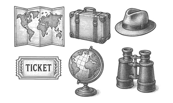 Vintage travel elements: map, suitcase, hat, ticket, globe, and binoculars in engraved style