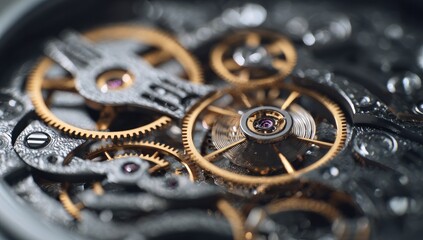 Close-up of intricate watch movement.  Gears, springs, and components in dark gray and gold, detailed and complex