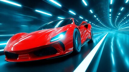 A red sports car speeds through a futuristic tunnel. Ideal for projects about speed, high technology and the future. - Powered by Adobe