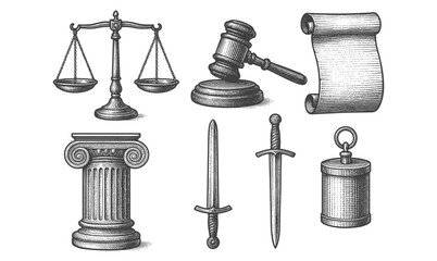 Vintage legal and historical elements in hand drawn style