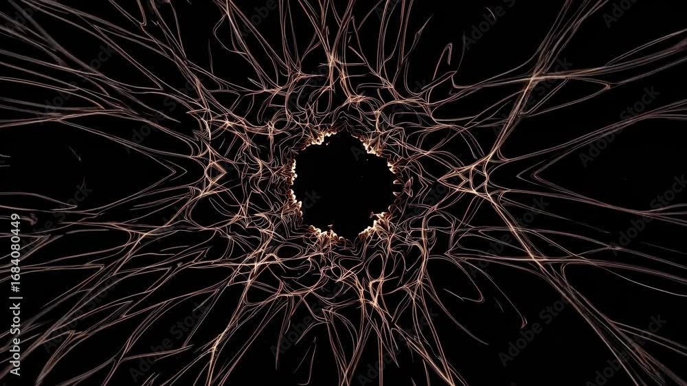Poster abstract fractal animation depicting a dynamic pattern in amber tones on a dark background, creating