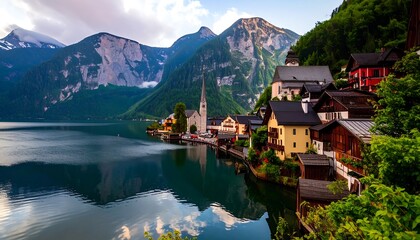 Fototapeta premium Picturesque mountain village by a lake at dawn