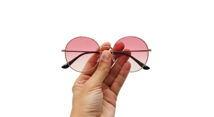 Elegant Round Pink Gradient Lens Sunglasses Held by Hand Isolated on Transparent Background for Fashion