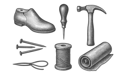 Vintage engraving of shoe repair tools: awl, hammer, leather, thread, nails