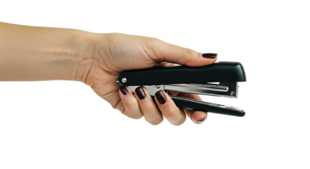 Woman Hand Holding Black Stapler Office Supply for Paperwork Organization Isolated on Transparent Background