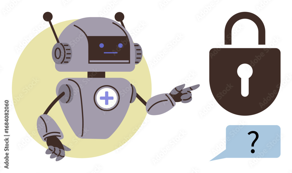 Poster friendly robot gestures toward padlock, implying cybersecurity and ai problem-solving. ideal for tec