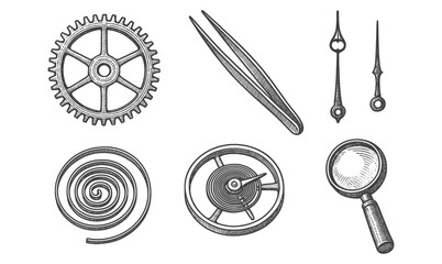 Vintage timepiece components with engraved style featuring gears, hands, and magnifying glass