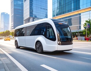 Obraz premium Autonomous electric shuttle bus navigating a modern smart city urban environment