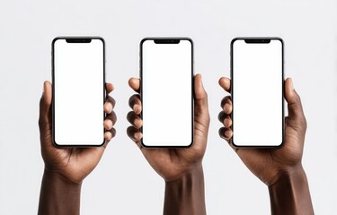 Three black hands hold smartphones, blank screens