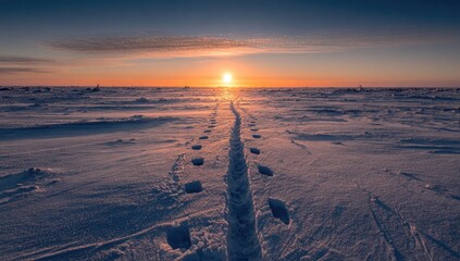 Sunrise path across snowy plain