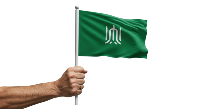 Green Flag with White Emblem Waving in Hand Isolated on Transparent Background Symbolizing Unity and Progress