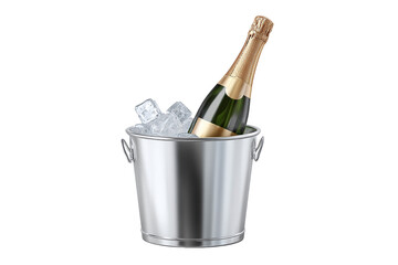 Champagne bottle in ice bucket with ice cubes, isolated on white transparent background