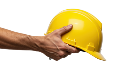 Worker Hand Holding Yellow Hard Hat Safety Helmet for Construction Industry Protection Isolated on Transparent Background