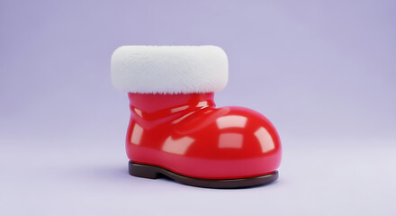 Vibrant 3D rendered illustration of a glossy red Santa boot with fluffy white fur, perfect for festive holiday designs and winter cheer