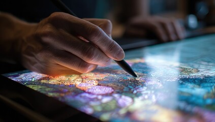 Close-up of hand using stylus on digital art tablet