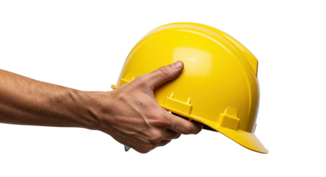 Worker Hand Holding Yellow Hard Hat Safety Helmet for Construction Industry Protection Isolated on Transparent Background