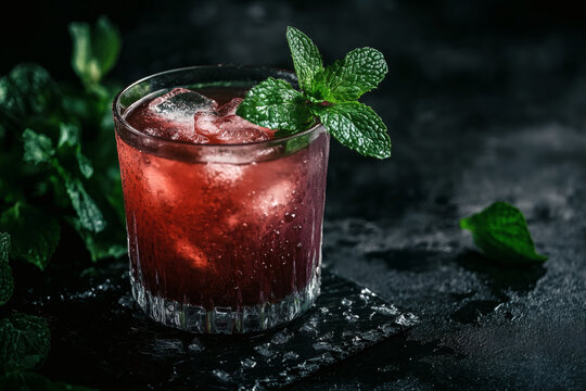Mint and watermelon elixir in vintage glass with fresh leaves