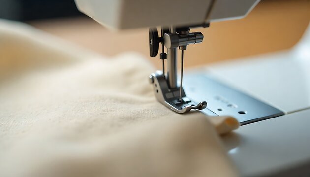 a sewing machine needle stitching beige cloth, showcasing the process of garment creation or fabric repair, created with generative ai