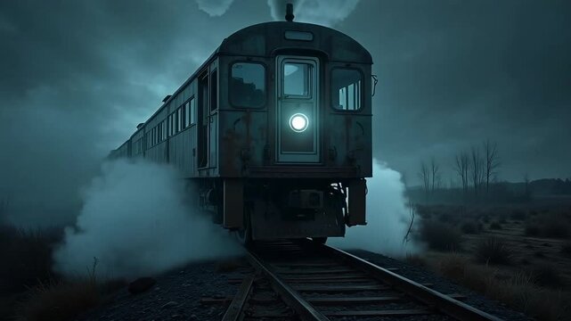 Mysterious vintage train chugs through foggy landscape with glowing headlight under dramatic sky