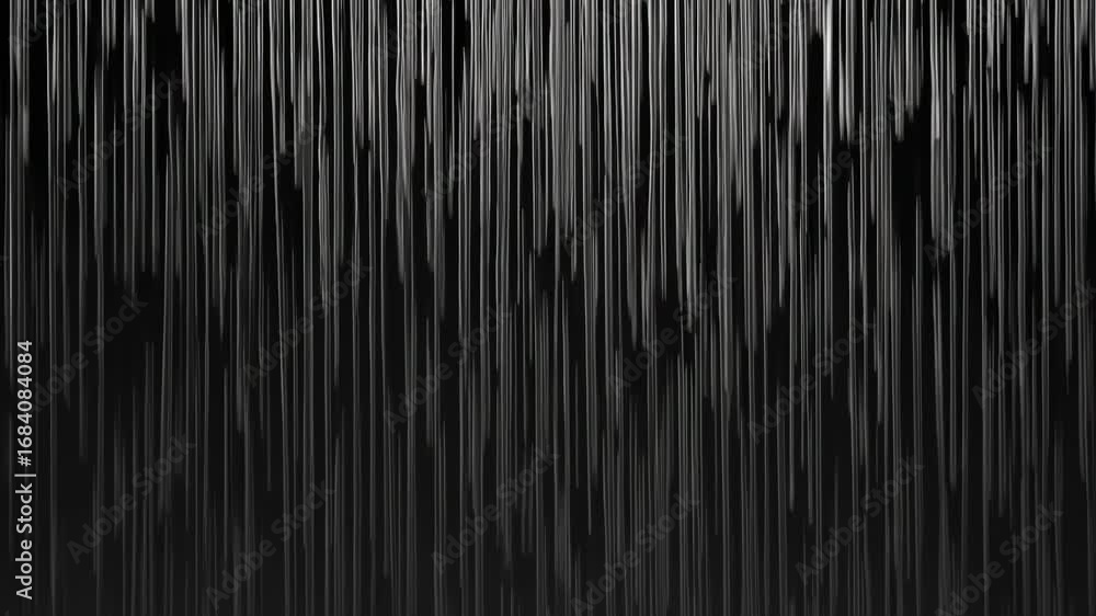 Poster black and white vertical lines mimicking rainfall with a dramatic, cinematic effect, creating a dyna