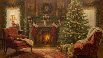 vintage drawing of decorated christmas room with fireplace