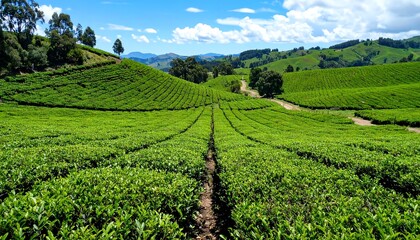 Fototapeta premium Lush tea plantation landscape under a vibrant sky