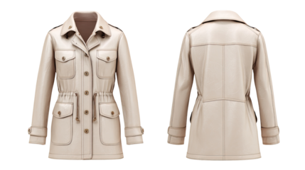 Cream-colored women's field jacket,  front and back views. 3D rendered