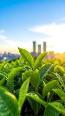Lush green tea leaves against a sunset city backdrop