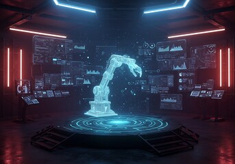 Advanced AI Robotics Lab with Holographic Arm Projection, Displaying Complex Data Analytics and Futuristic Automation Interface in a High-Tech Research Environment
