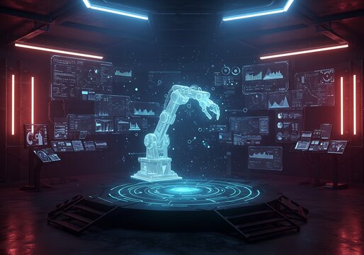 Advanced AI Robotics Lab with Holographic Arm Projection, Displaying Complex Data Analytics and Futuristic Automation Interface in a High-Tech Research Environment