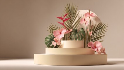 Pastel-toned, minimalist display podium with tropical floral accents.  Cream-colored tiered display platform surrounded by lush pink hibiscus and tropical greenery.  