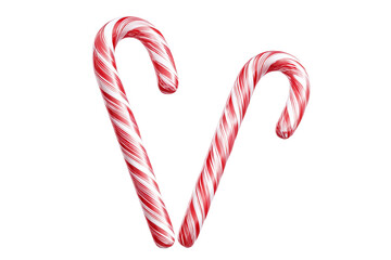 Two sweet red and white striped candy canes, isolated on white transparent background