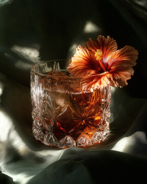 Hibiscus and ginger elixir in hand-cut crystal tumbler