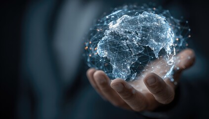 A hand holds a digital, glowing representation of the world, connected by lines