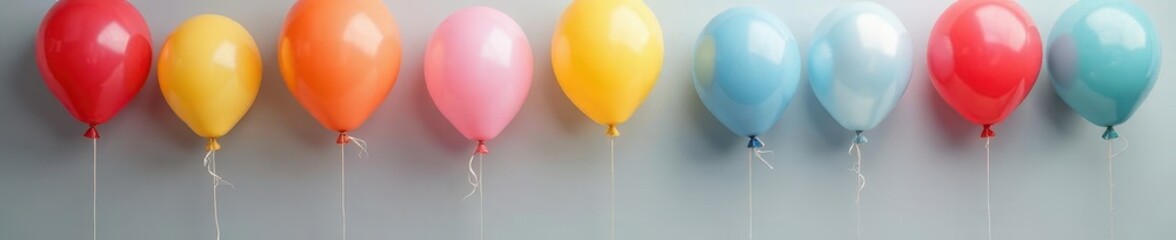 Vibrant balloons, assorted colors, gray backdrop, rainbow, rise, pastel
