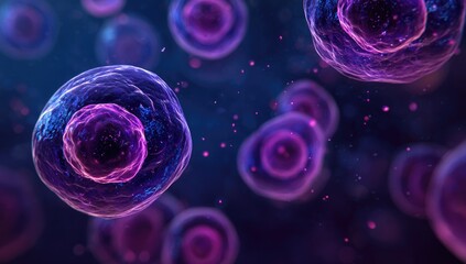Microscopic view of cells.  Cells with vibrant purple and blue hues, appearing round and translucent, are scattered against a dark background.  Small particles are visible around them.  