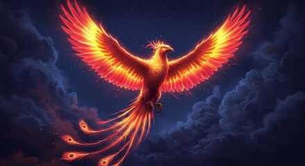 Mythical phoenix taking flight at night