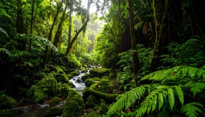 Obraz premium Lush rainforest with a flowing stream