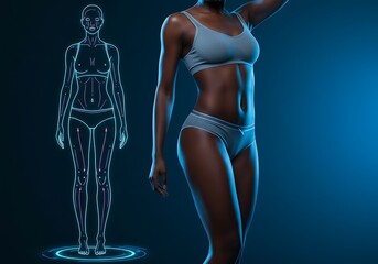 Body scan and health check of a woman with a futuristic interface showing anatomical data and body composition analysis