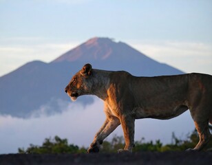 Lioness walking near a mountain