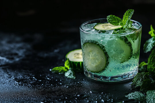 Mint and cucumber elixir in hand-blown glass with fresh herbs