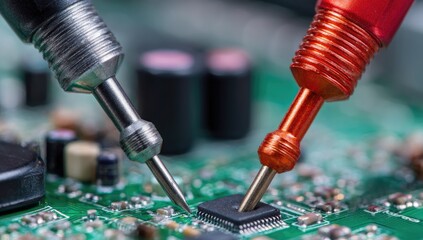 Close-up of two soldering tips on a circuit board