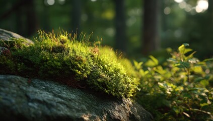 Moss-covered rock in a sunlit forest