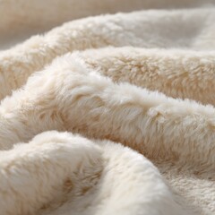 Close-up view of soft, plush, cream-colored fabric.  The texture is fuzzy and warm-looking, with a slightly shaggy appearance.  Soft folds and wrinkles are visible in the material