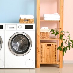 Laundry room with stacked washer and dryer, wooden shelves, and baskets